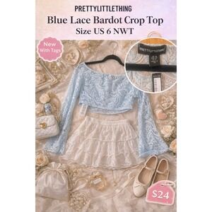 PrettyLittleThing Blue Lace Bardot Crop Top Long Sleeve Size US 6 NWT